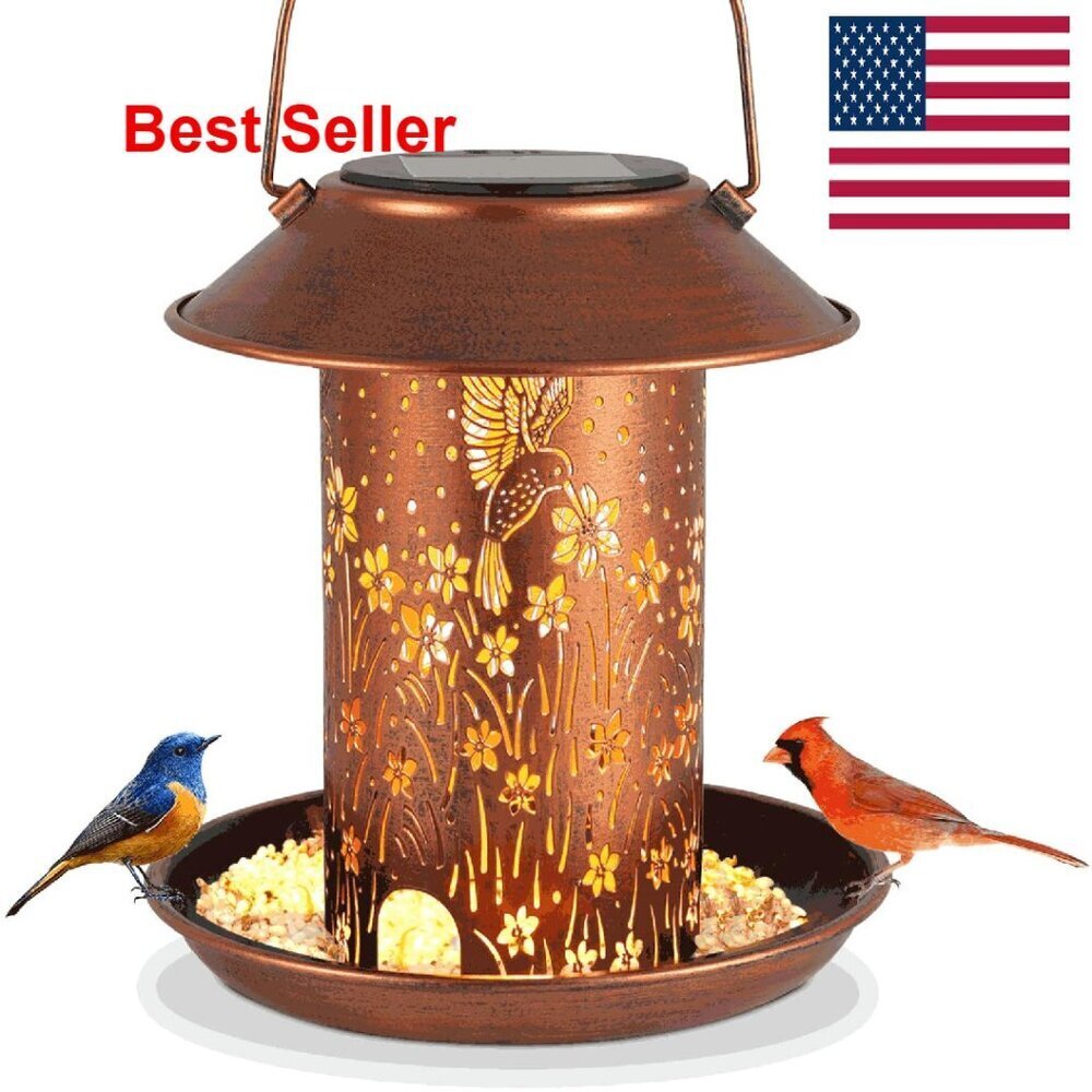 Solar Bird Feeder Lantern Metal Garden Decor Hanging Outdoor Patio Yard